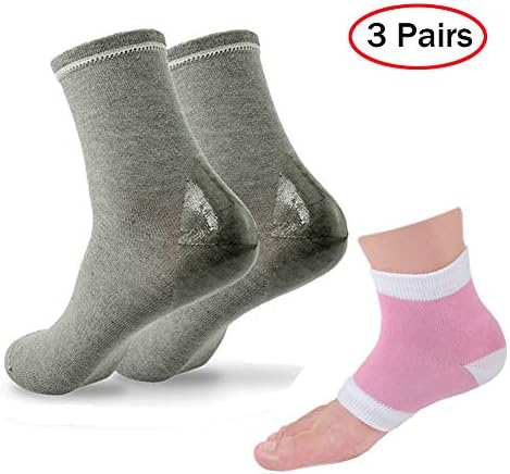 Full-Length Moisturizing Socks 3 Pairs by Sooleo, Gel Heel Socks - for Dry Hard Cracked Heels (2 Pairs for Day, 1 Pair for Night) (Grey)