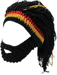FALETO Funny Knit Beanie Beard Hat Rasta Hat with Dreadlocks Handmade Wig Fancy Halloween Caps,Black