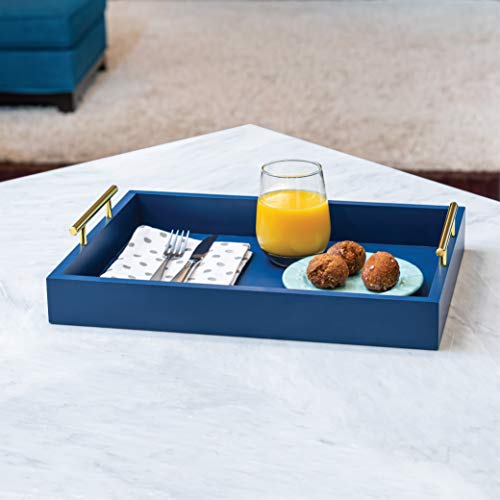 Esther Decorative Coffee Table Tray Navy Blue Wood Serving Tray for Ottoman, Polished Gold