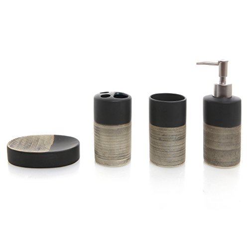 MyGift Bathroom Accessories Set, Deluxe 4 Piece Black & Beige Ceramic