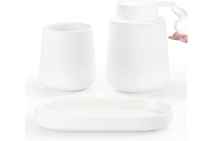 BosilunLife Bathroom Accessories Set 3 pcs - Bathroom Ceramic Foaming Soap Dispenser Set Farmhouse White Bathroom Decor, Foam Soap Dispenser and Toothbrush Holder/Tumbler Cup, Tray