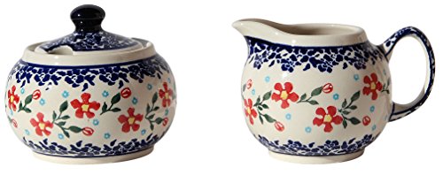 Polish Pottery Sugar Bowl and Creamer From Zaklady Ceramiczne Boleslawiec #694/711-964 Classic Pattern, Sugar Bowl: Height: 3.7" Creamer: Height: 3.4"