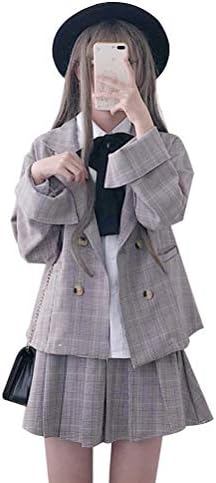 Set Up Coat + Skirt, 2 Pieces, Shot Length, Top & Bottom, School Style, Checkered Pattern, Forest Girl, Cute, Ribbon, A-Line, Loose, Outfit, Stylish, Student, Fall & Winter
