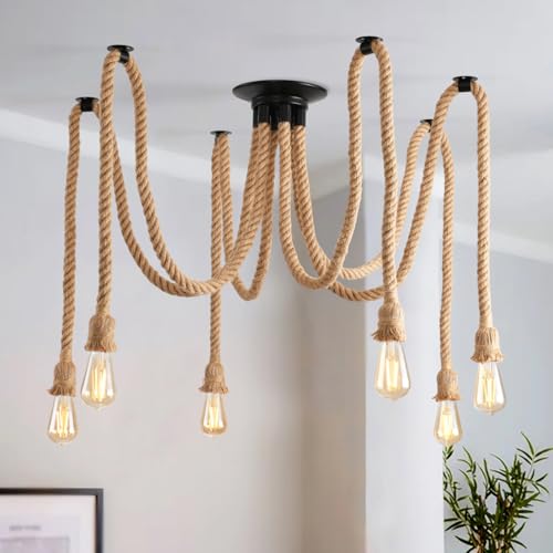 ANWIO 6 Heads Spider Light Chandelier,Pendant Lighting Ceiling,DIY Spider Rope Ceiling Lights,Bedroom Light Shades,Industrial Hanging Ceiling Lights,Hanging Light Fitting,Loft Lighting（1PCS）