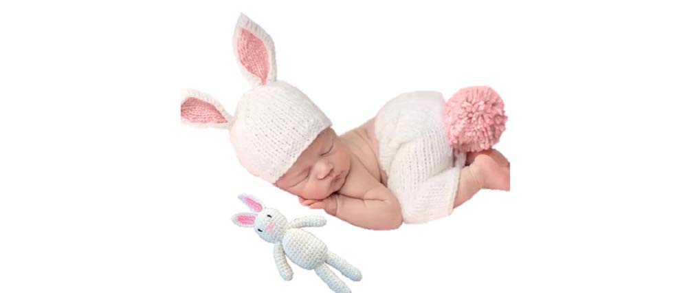 Matissa Newborn Baby Girl/Boy Crochet Knit Costume Photography Prop Outfits (White Bunny and Doll Set)