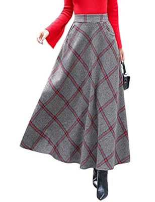 Tanming Women's Elastic Waist Checked Plaid Flared Swing Woolen A Line Long Skirts