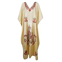 Mogul Interior Womens Caftan Maxi Dress Beige Silk Embroidered Kaftan One Size