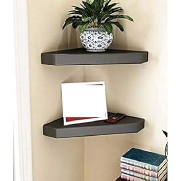 HOUZIE Home Sparkle Wooden Corner Wall Shelf, Set of 2 (Brown)