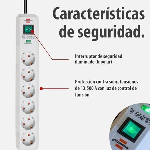 Eco-Line regleta de enchufes con 6 Tomas de Corriente y protección contra sobretensiones (Cable de 1,5 m, Interruptor Iluminado, protección sobretensión hasta 13.500 A) Gris