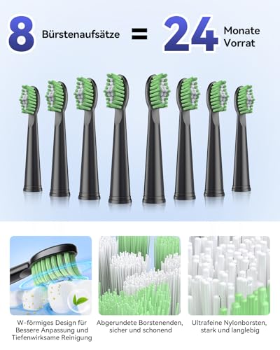 JTF Sonic Electric Toothbrush - Deep Cleaning for Sensitive Gums, 5 Modes, 45 Days Battery, 8 Heads, IPX7 Waterproof, Smart Timer, Ideal for Travel (Black)