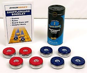 American Brand Large 2 5/16 Table Shuffleboard Puck Weights +1 Can Super Glide Wax +Rule Book