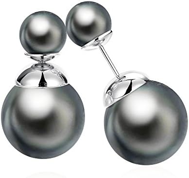 VNFNMI Women's Platinum Plated Black Pearl Double Ball Stud Earrings Double Side Earring