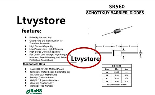 Ltvystore 50Pack 60V 5A SR560 Through Hole Mount Schottky Barrier Rectifier Diodes