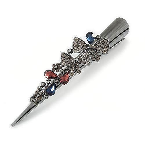 Avalaya Large Dim Grey/Midnight Blue/Plum Austrian Crystal Bow Hair Beak Clip/Concord Clip in Black Tone - 13cm Length