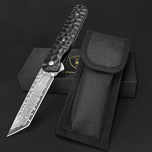 AUBEY Camping Tanto Folding Pocket Knife, EDC Damascus Blade Knives With Aluminum Alloy NonSlip