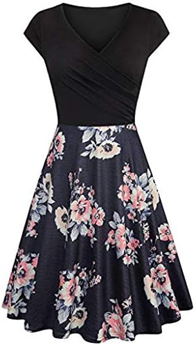 UOKNICE Dresses for Womens, Casual Vintage Long Sleeve V-Neck Print Evening Party Prom Swing Blouses Tops Dress