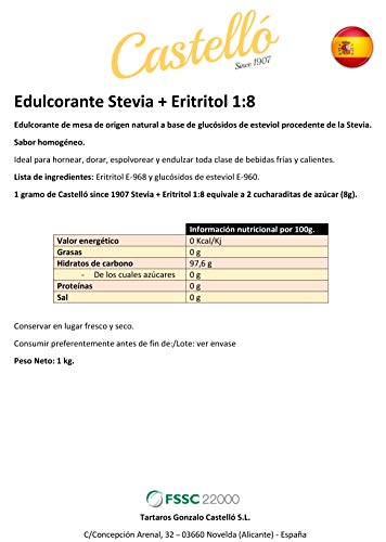 Stevia + Erythrit 1:8 SüÃstoff | 1g = 8g Zucker | 100% Natürlich schmeckender Zuckerersatz - 0 Kalorien - 0 Glykämischer Index - Keto und Paleo - 0 Netto-Kohlenhydrate - Castello since 1907-1 kg – Bild 5