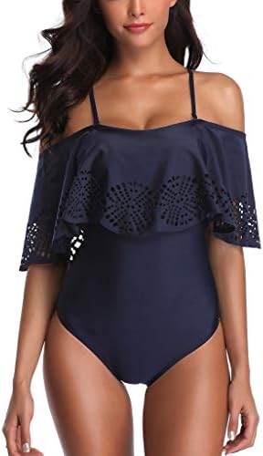 Deloito Swimwear Womens One Piece Bikini, Ladies Off Shoulder Ruffle Printing Push Up Padded Sling Bathing Swimsuit High Waist Monokini Bodysuit Beachwear White