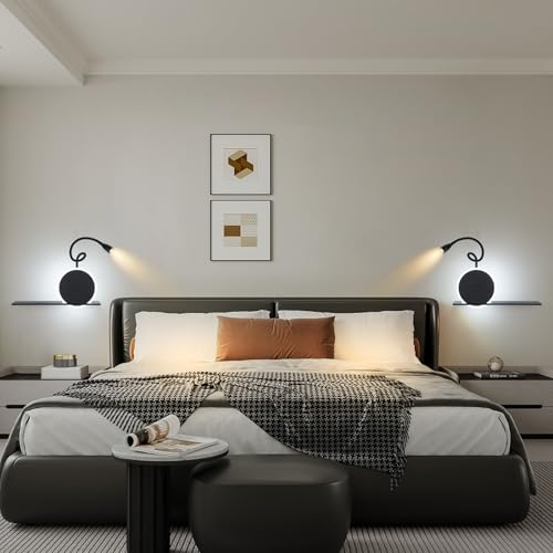 LED Bedside Reading Light, 2-Piece Wall Lamp with Switch, Reading Lamp with USB Charging Port + Type C, 3W 3000K + 9W 6000K Bed Head Lamp, Bedside Lamp for Hotel Room, Black