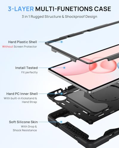 Gerutek Honor Pad 10 2025 (12.1 inches), Heavy Duty Armor Case with 360 Degree Rotating Stand, Hand Strap and Adjustable Shoulder Strap, Protective Cover for Honor Pad 10 12.1 inch, Black