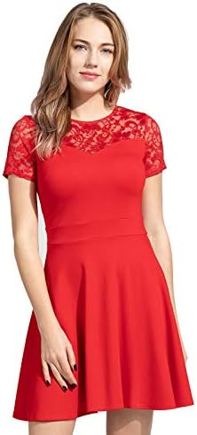Sylvestidoso Women's A-Line Pleated Short Sleeve Little Cocktail Party Dress with Floral Lace