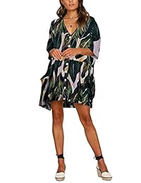 BELONGSCI Vestido casual de mujer con media manga y botones en el cuello en V, con bolsillo, suelto, de gran tamaño, vestido de turno