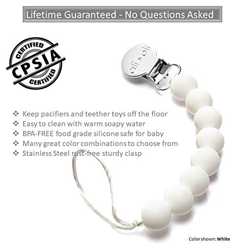 Modern Pacifier Clip for Baby - 100% BPA Free Silicone Beads - Unique WHITE color 2-in-1 Binky Holder for Newborn - Infant Baby Shower Gift - Universal fit MAM - Philips Avent