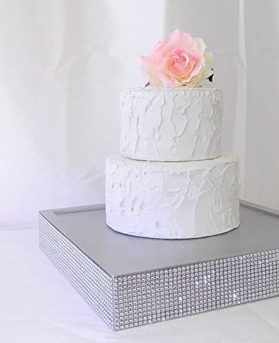 Wedding Cake Stand Silver trimmed with Crystal Wrap Ribbon - Silver Wood Cake Stand - 12 inches square x 2.5 inches tall