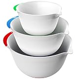 Vremi 3 Piece Plastic Mixing Bowl Set - Nesting Mixing Bowls with Rubber Grip Handles Easy Pour Spout and Non Slip Bottom - Three Sizes Small Large Capacity for Kitchen Baking or Salad - White Multi