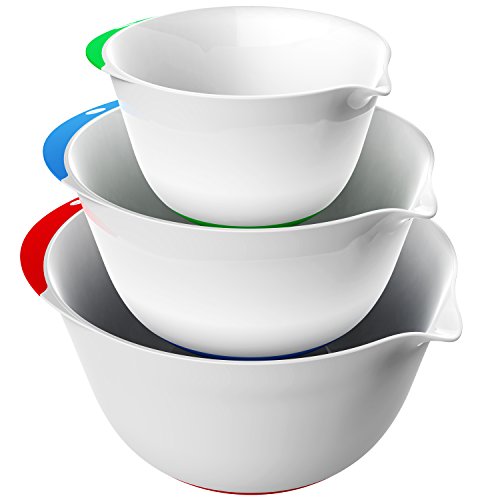 Vremi 3 Piece Plastic Mixing Bowl Set - Nesting Mixing Bowls with Rubber Grip Handles Easy Pour Spout and Non Slip Bottom - Three Sizes Small Large Capacity for Kitchen Baking or Salad - White Multi