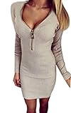 Eshion Women Deep V-neck Metal Zipper Knitting Bodycon Mini Sweater Dress