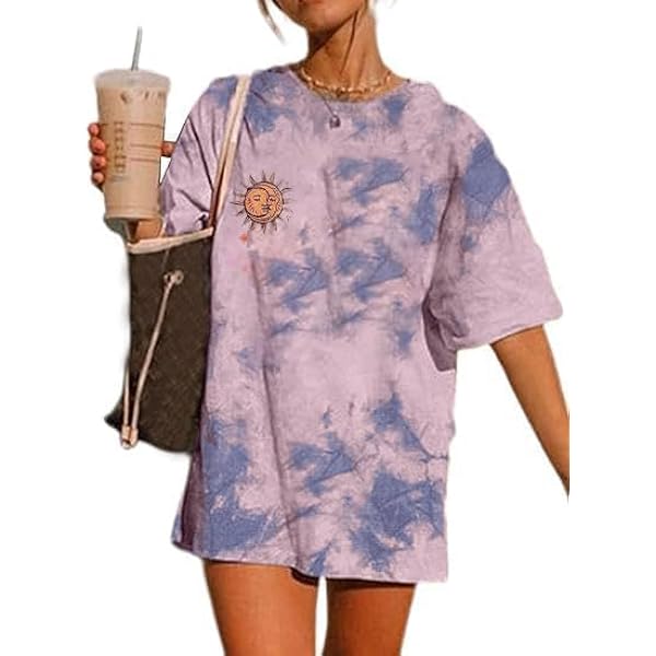 Remidoo Women's Oversized Graphic T-Shirt - Short Sleeve Crewneck Rainbow Tee, Casual Loose Fit Tops (Leaf Moon Beige, Medium)