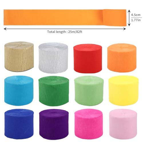 Crepe Paper Streamer Set, Rainbow Colored Party Decorations, Multi-Color Streamers for Weddings, Birthdays, and Indoor Events, Festive Backdrop and Ceiling Decor 984ft 12-Roll