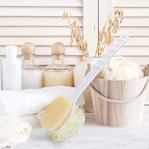Bath Body Brush with Loofah and Bristles, Bosiwee Back Scrubber Shower Sponge Pouf for Dry Skin Brushing, Gentle Exfoliating with Long Handle