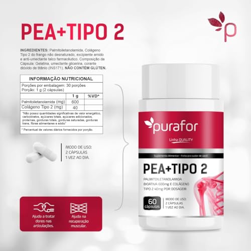 Suplemento PEA + Colágeno Tipo 2 | Palmitoiletanolamida Bioativa 600mg + Colágeno Tipo 2 40mg | 60 Cápsulas | Articulações e Recuperação Muscular