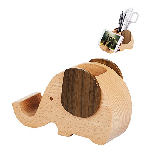 AhfuLife Wooden Elephant Phone Stand with Pen&Pencil Cup Holder/Pot for iphone Samsung Sony Huawei, Desk Decoration Multi-functional Stationery Organizer, Best Gift for Valentine's Day, Mother's Day
