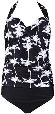 Lebeisa Womens Retro Vintage Halter Push Up One Piece Swimsuit Plus Size Bathing Suit XL Palm Black