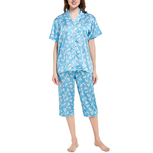 Women's Floral Print Pajama Set - Short Sleeve Button Top & Capri Pants Loungewear (2-Piece)
