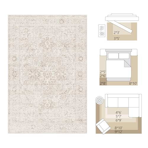 Fmfunctex 8x10 Washable Area Rug Beige Vintage Neutral Distressed Oriental Large Non Slip Carpet for Living Room Bedroom Soft Low Pile Tapis Salon Indoor Mat Retro Throw Rug for Dining Kitchen Office