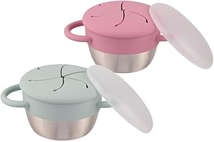 Elk and Friends Stainless Steel Snack Cups | Removable Silicone Food Catcher and Travel Lid | Spill-Proof Snack Containers for Baby, Toddler, Kids | Dishwasher Safe | 2 Pack