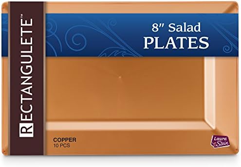 [10 Count - 8 Inch Plates] Rectangulete Designer Tableware Heavyweight Plastic Copper - Gold Color Rectangle Salad - Appetizer Plates With Border, Party & Wedding, Event Plate, Disposable Dishes