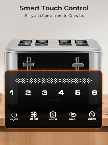 Toaster 4 Slices, 1600 W Intelligent Stainless Steel Toaster, 6 Colour Settings, Full Touchscreen Operation, Extra Wide 1.57 Inch Slot, with Digital Timer, Crumb Drawer, Silver