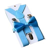 Happyupcity 1 Set Pure Sky Blue Girls and Boys Performing Tie Suspender Suit Adjustable Y-Band Sling Strap Clips Pre-Tied Bow Tie Suspender Hanging Trouser Skirts Clamp Kit for 1-10 Years Old Kids