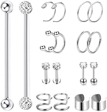 18Pcs Stainless Steel Nose Ring Hoop Septum Cartilage Earrings Cuff Helix Tragus Piercing Industrial Barbell