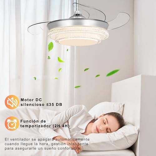 Ohniyou Ventilador de Techo Retráctil de 36 Pulgadas con Luz y Control Remoto, 6 Velocidades, Luz Regulable, Motor Reversible, Ventilador de Techo Moderno para Dormitorio Sala de Estar, Plateado