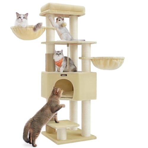 Feandrea Arbre à Chat Grand et Stable avec Tapis Chaud, Auto-toiletteurs, Poteaux à Griffer, Niche, Hamacs, Plateformes, Corde en Sisal, 50 x 50 x 160 cm, Beige Sable et Beige PCT003Y01
