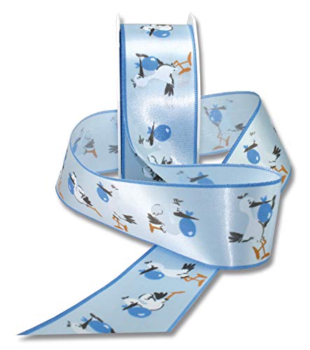 Praesent - Adebar Printed Satin Ribbon Blue 40 mm Width, 20 m Length