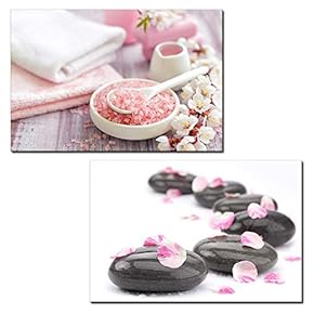 2 Panel Canvas Wall Art - Spa Still Life with Bath Salts Stones and Flowers - Giclee Print Gallery Wrap Modern Home Art Ready to Hang - 16"x24" x 2 Panels