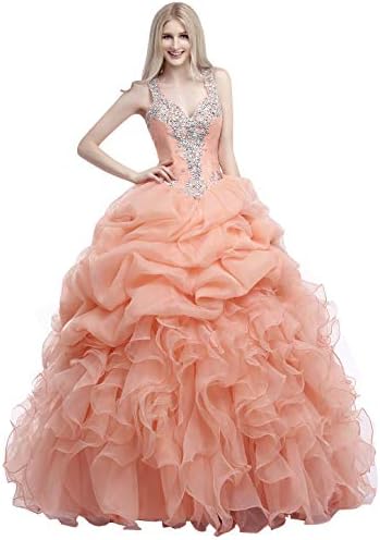Ikerenwedding Women's Spaghetti Beading Pearls Sheer Back Ball Gown Quinceanera Dress