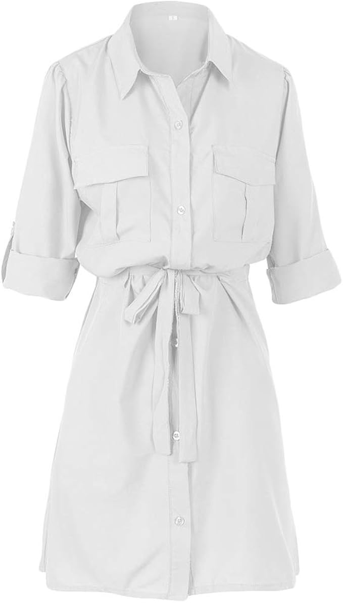 Jeelinbore Donna Vestito Chemisier Button Down Camicia Vestiti Manica A 3 4 Abito Casual Con Nodo In Vita Amazon It Abbigliamento